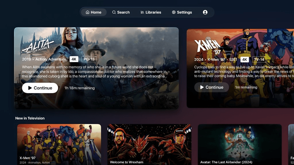 Luma library browse interface with featured titles and New in Television