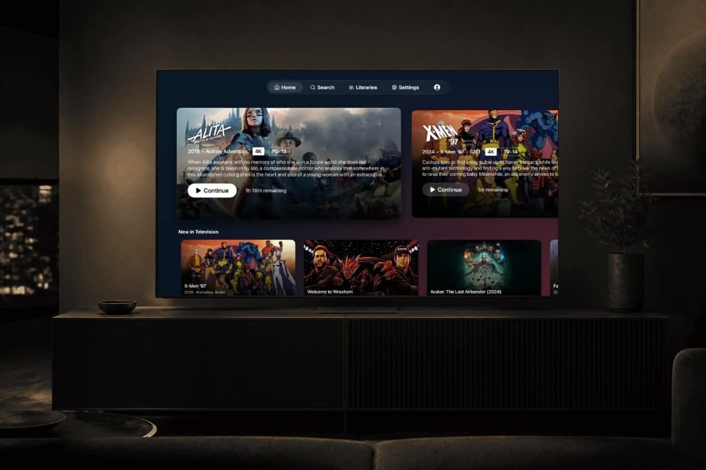 Chroma Server on a living-room TV — Luma home with continue watching and new television