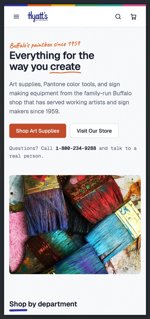 Redesigned Hyatt's homepage on a phone: clear hierarchy, large actions, and Buffalo's paintbox positioning